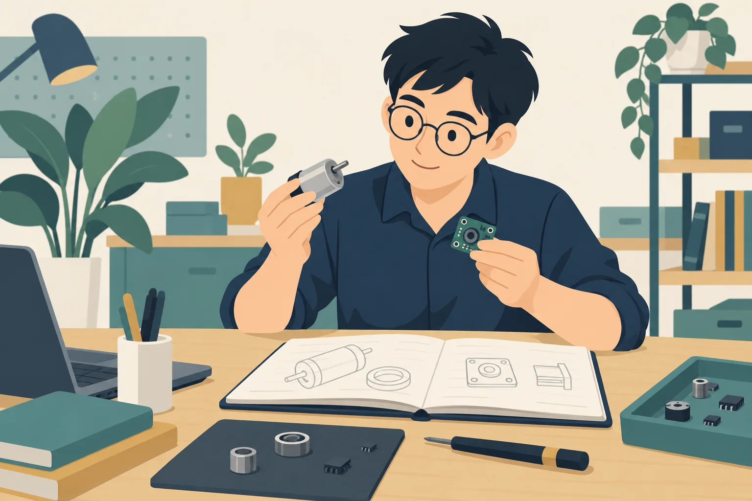 轻漫画工程场景：工程师比较电机、芯片与笔记，非安装示意图