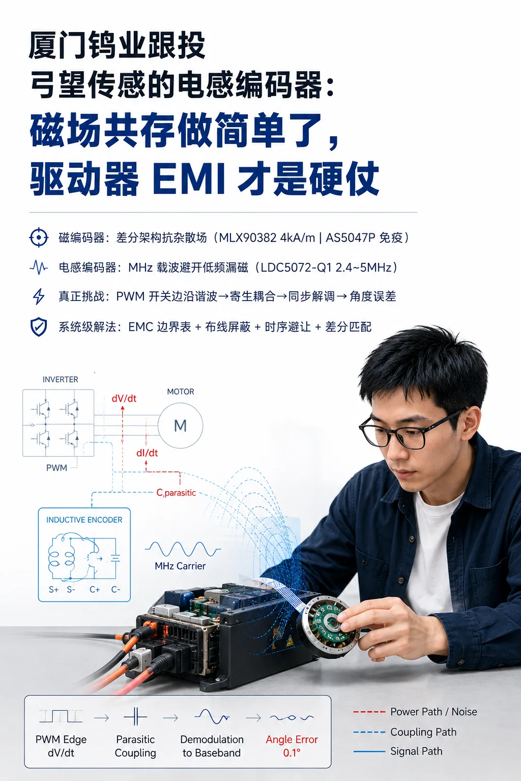 厦门钨业跟投弓望传感:从寄生电容到 0.1°,电感编码器真正的 EMC 硬仗