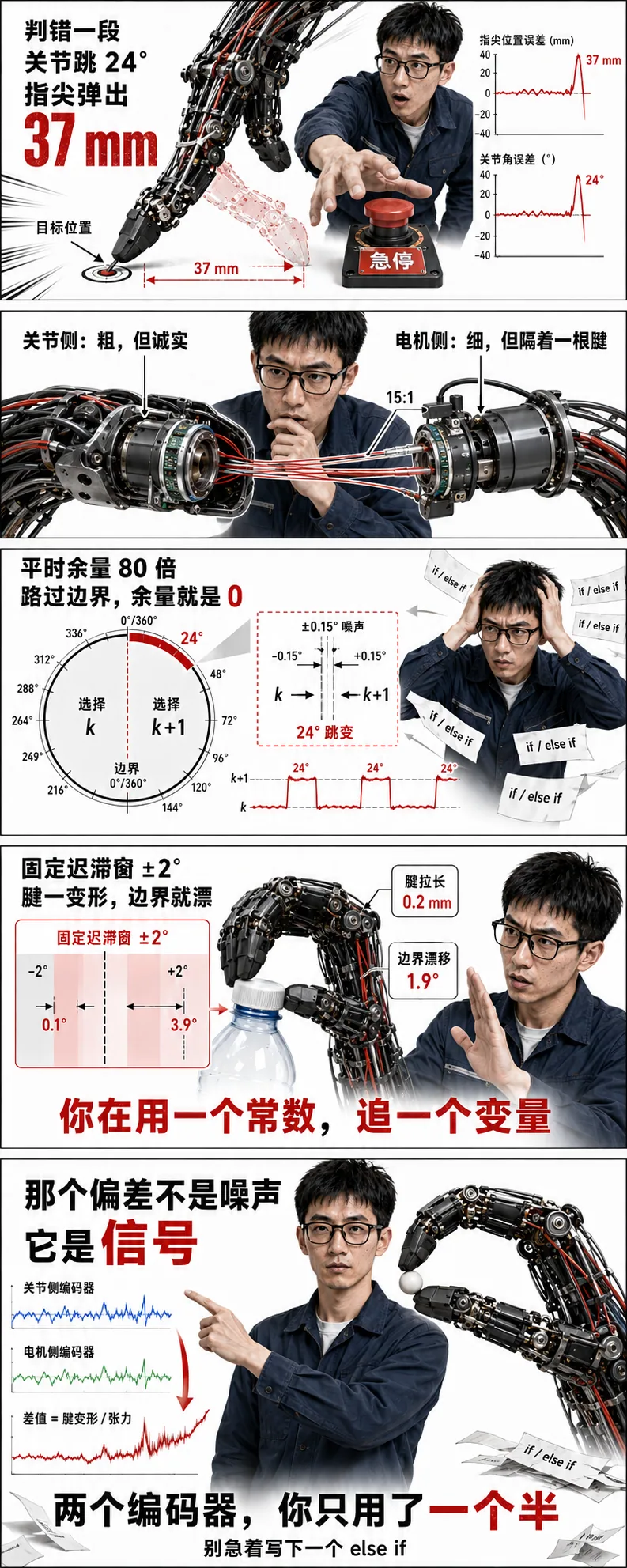 判错一段,指尖弹出 37 毫米——两个编码器装进机器人手指,大多数人只用了一个半