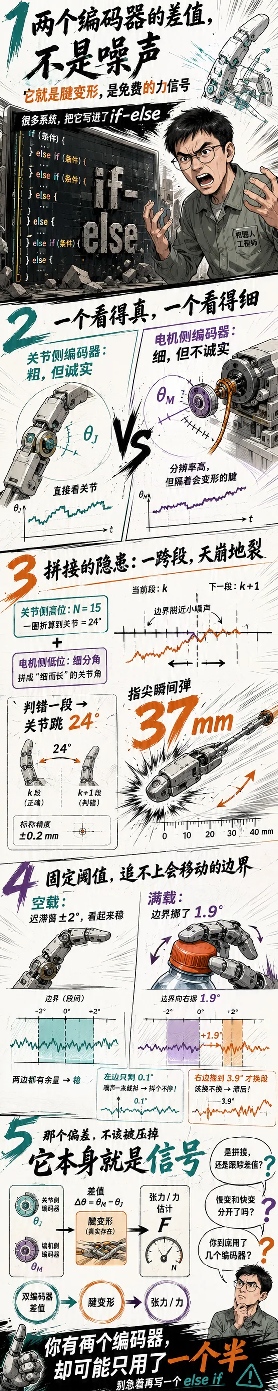 腱驱动灵巧手要不要力矩传感器?两个编码器的差值就是腱变形,是免费的力信号,却被 if-else 压掉了