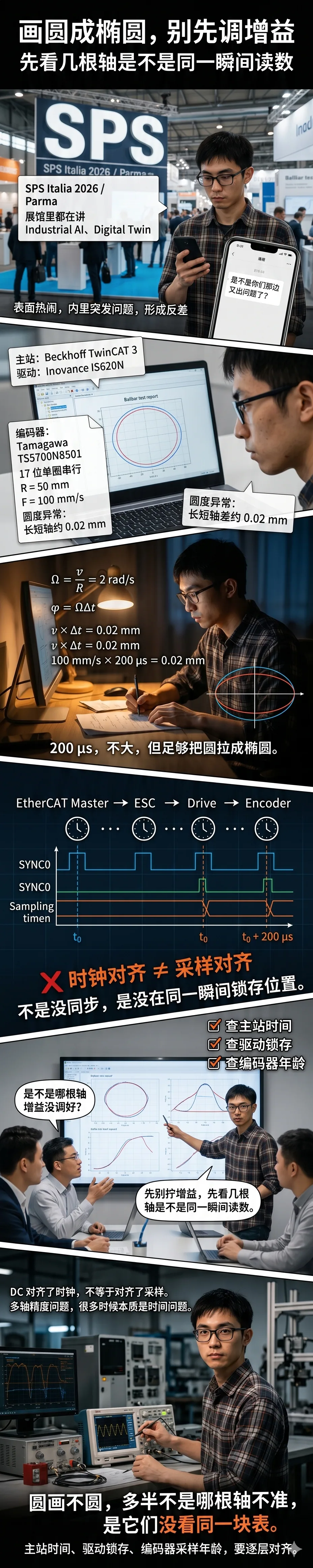 画圆成椭圆，别先拧增益，先看几根轴是不是同一瞬间读数, 汇川 IS620N + 多摩川 TS5700N8501 17 位反馈，三轴采样差 200µs