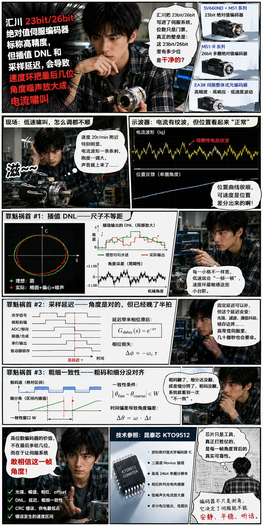 汇川 23bit／26bit 绝对值伺服编码器标称高精度，但插值 DNL 和采样延迟，会让速度环把最后几位角度噪声放大成电流啸叫