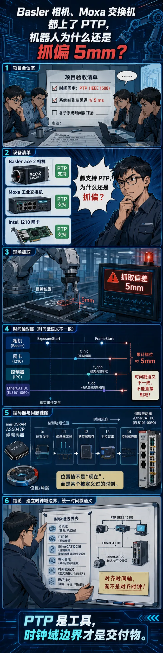 Basler 相机、Moxa 交换机都上了 PTP,机器人为什么还是抓偏 5mm?