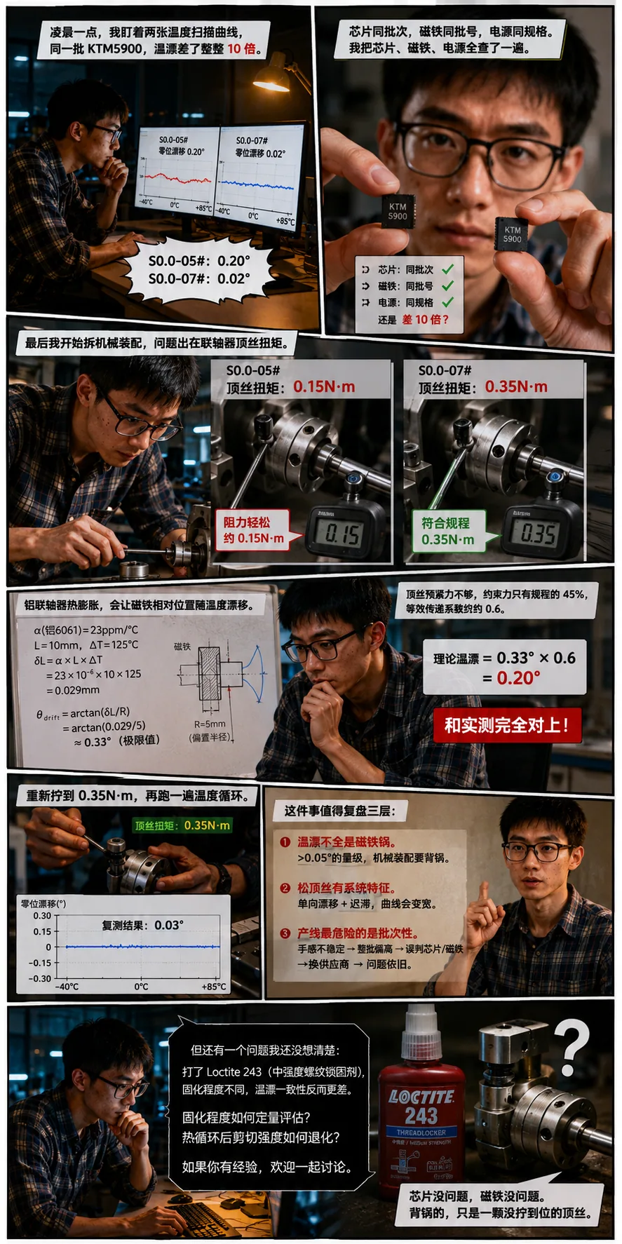 KTM5900 同批次芯片两台设备温漂差了 10 倍。我把芯片、磁铁、电源全查了一遍,最后查到联轴器安装扭矩