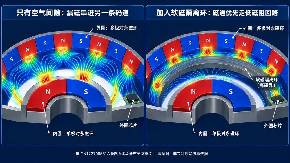双磁环编码器 两个码道 之间隔了一块"软磁材料"的独门专利技术