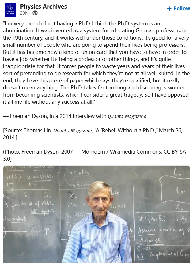 我读完博士以后理解 Dyson 讨厌 Ph.D. 制度