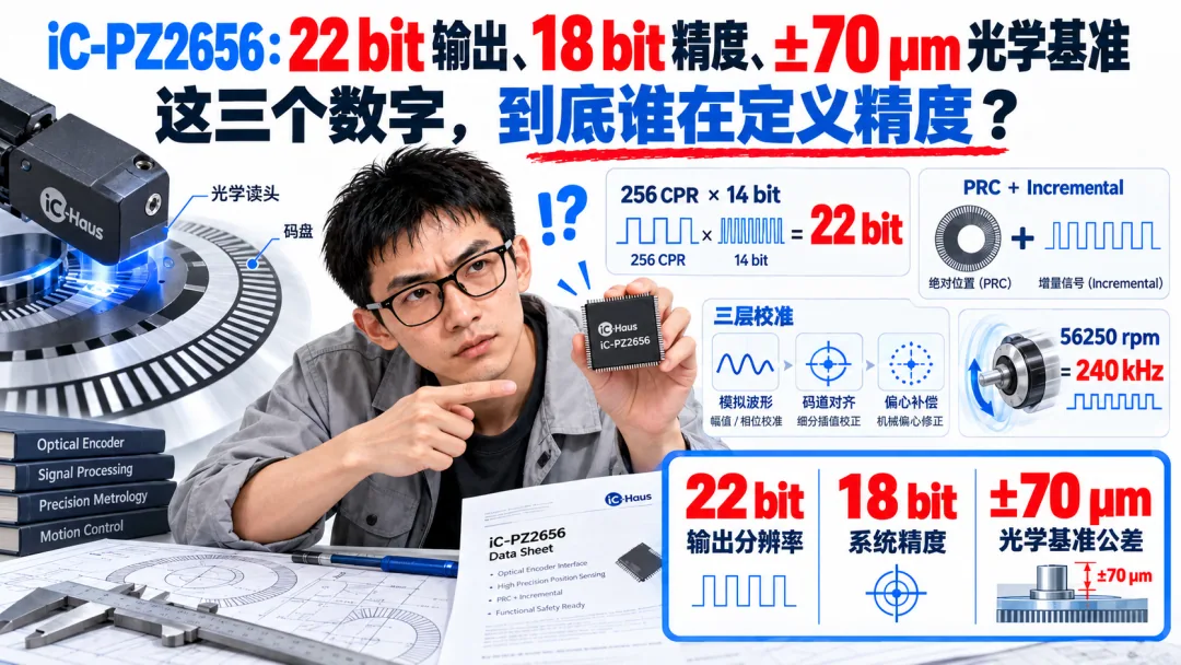 iC‑PZ2656:22 bit 输出、18 bit 精度、±70 µm 光学基准,这三组数字到底在说什么