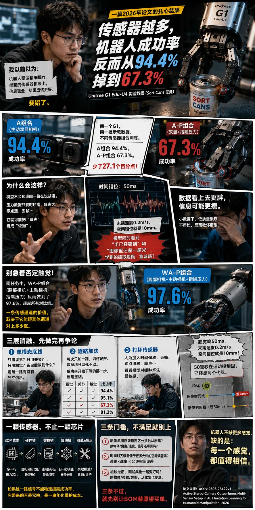 Unitree G1 Edu-U4 主动双目做到94.4%,但加Dex3-1指端压力掉到67.3%,会让分拣策略把噪声当证据