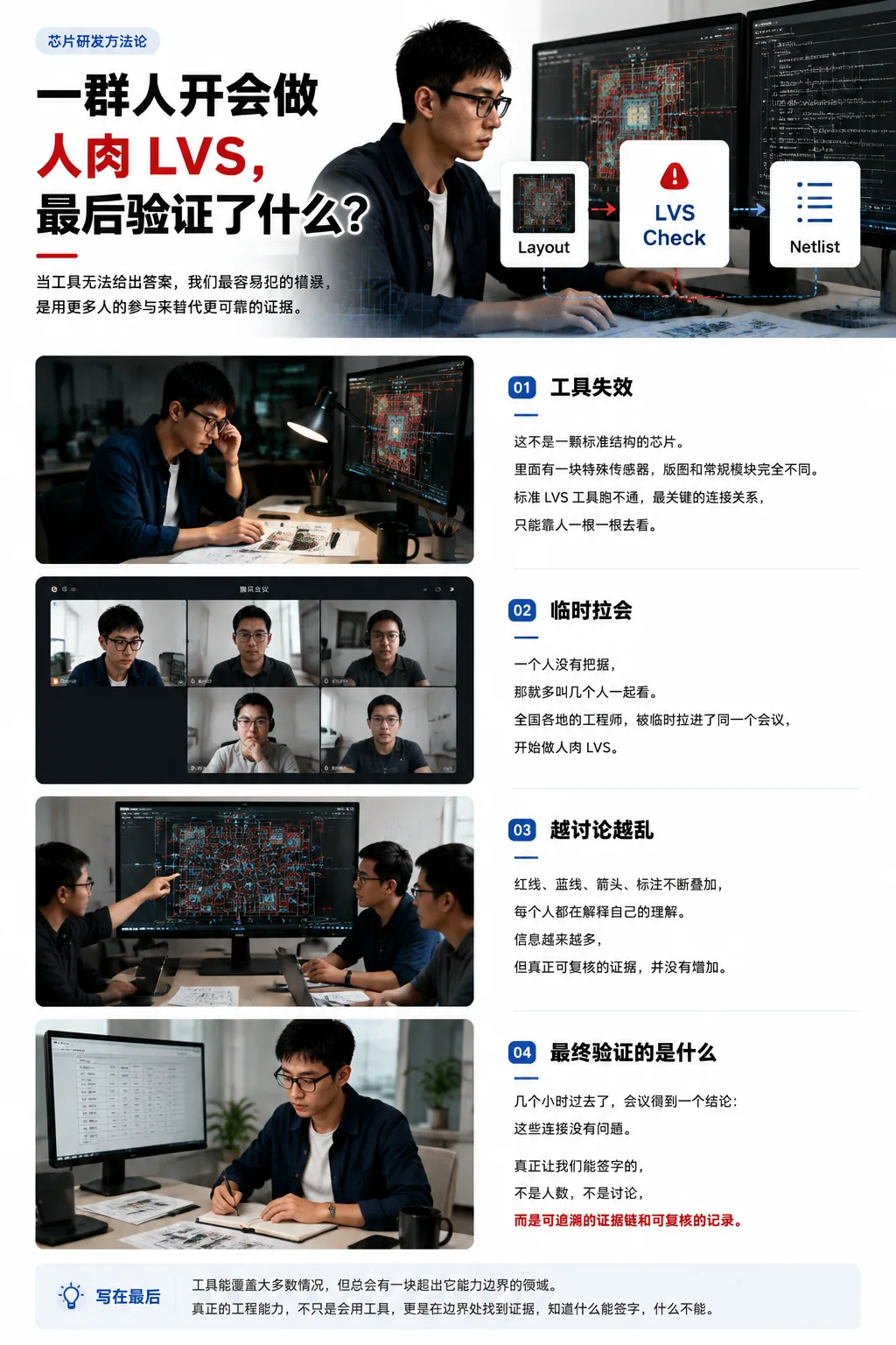 一群人开会做芯片"人肉" LVS,最后验证了什么?当工具无法给出答案,我们最容易犯的错误,是用更多人的参与来替代更可靠的证据