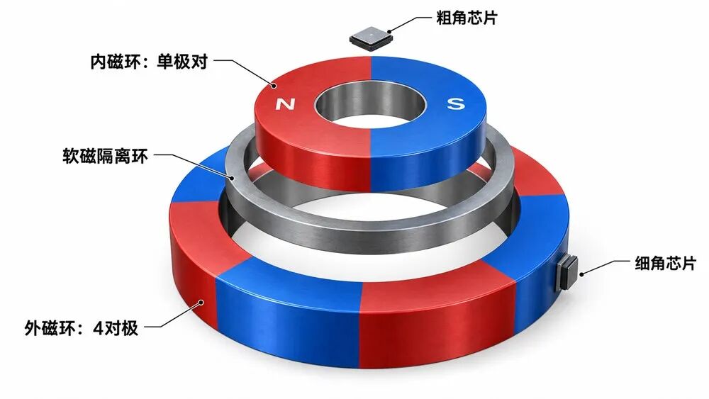 双磁环编码器 两个码道 之间隔了一块"软磁材料"的独门专利技术