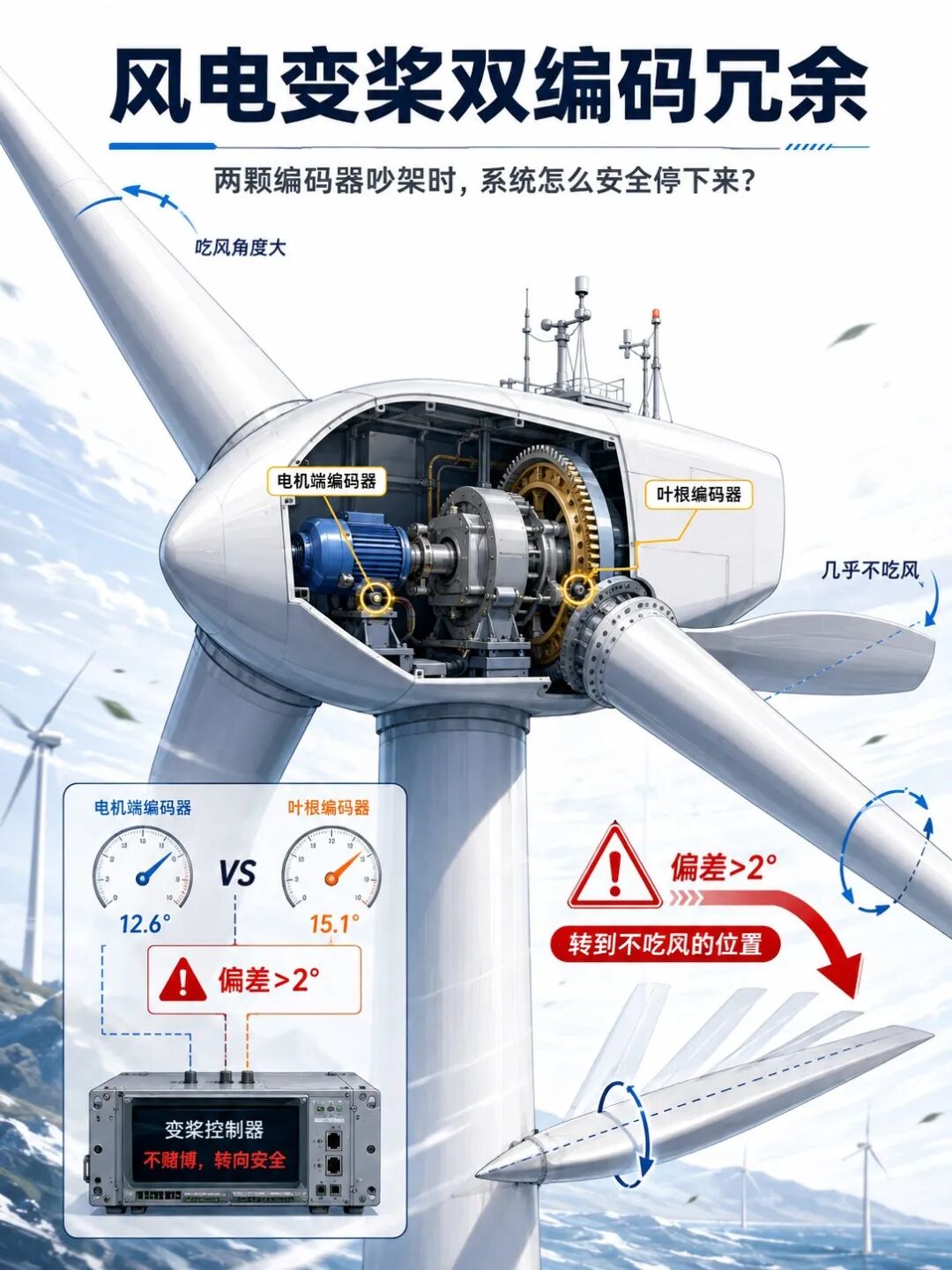 一片风机叶片为什么要装2颗编码器：2颗差了 2°，系统怎么安全停下来？
