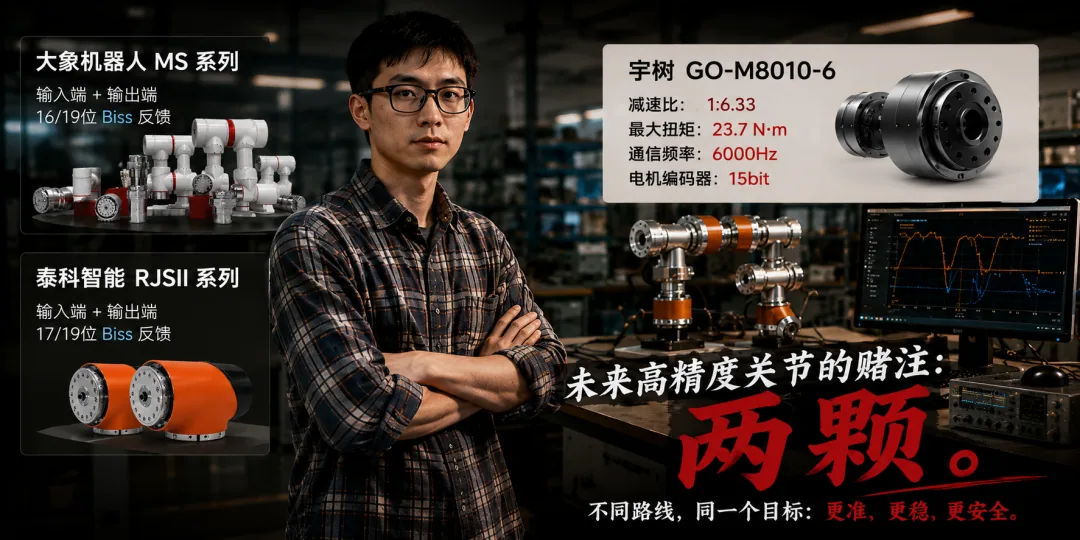 宇树 GO-M8010-6 标称 15bit 电机编码器和 1:6.33 减速比,但国产关节如果只靠电机端角度推输出角,会导致负载换向时位置漂移