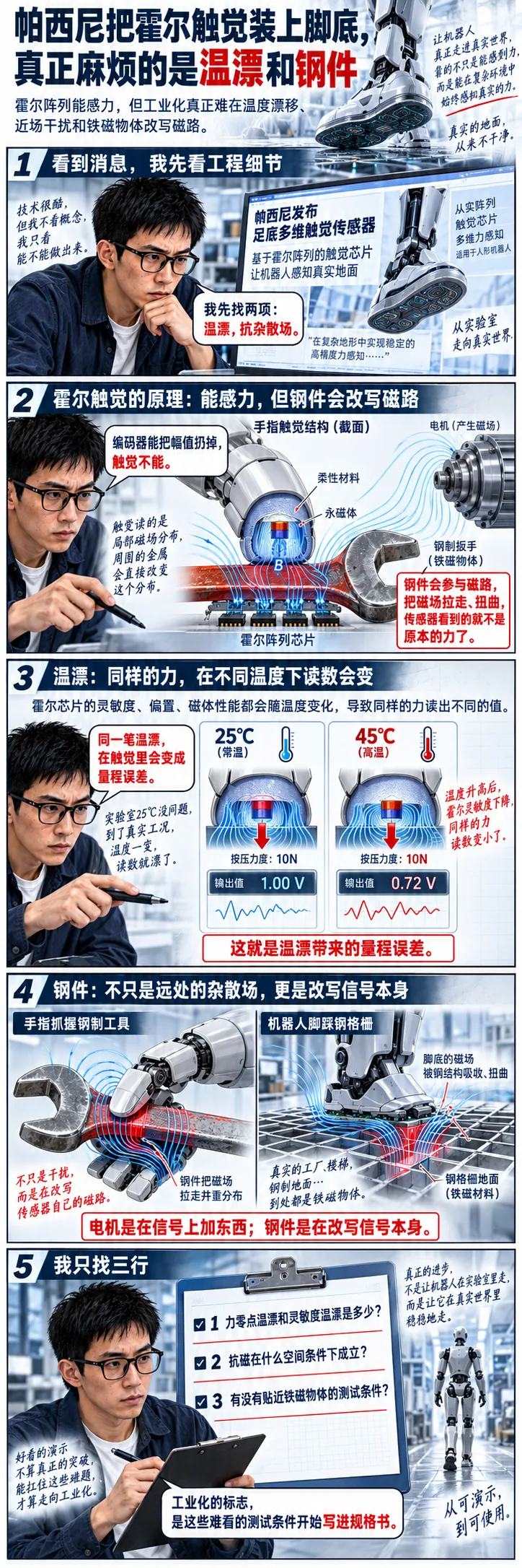 帕西尼把霍尔触觉装上脚底,真正麻烦的是温漂和钢件