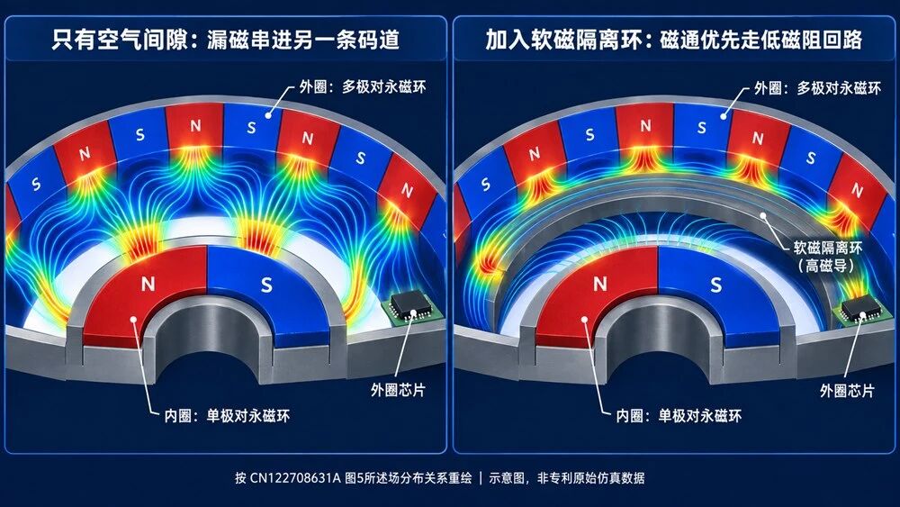 双磁环编码器 两个码道 之间隔了一块"软磁