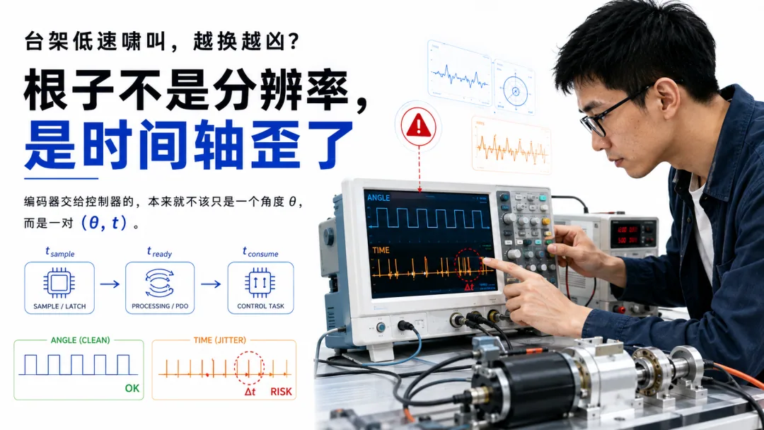 角度报文很干净时间轴却在抖:低速啸叫换了更高分辨率编码器叫得更凶