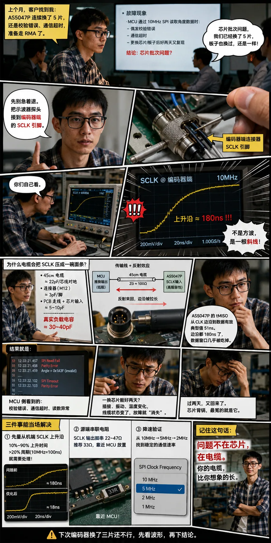 ams OSRAM AS5047P 标称 10MHz SPI,但 45cm 编码器电缆把 SCLK 上升沿拖到 180ns,会导致伺服驱动器校验错误和通信超时