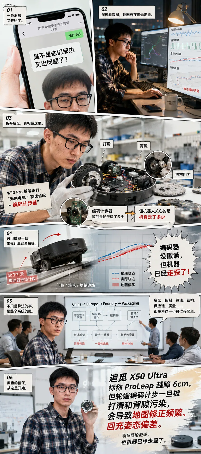 追觅 X50 Ultra 标称 ProLeap 越障 6cm，但轮端编码计步一旦被打滑和减速箱背隙污染，会导致地图修正频繁、回充姿态偏差