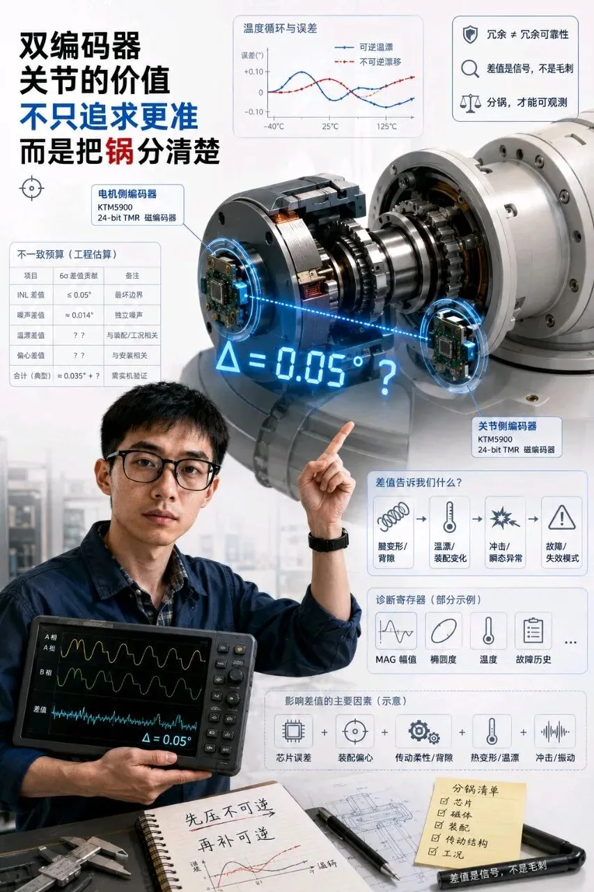 两颗芯片差 0.05°，算正常还是坏了？双编码器关节的“不一致预算”，很多人从来没有真正算过