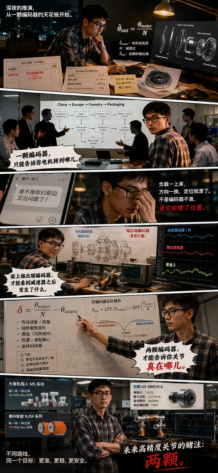 宇树 GO-M8010-6 标称 15bit 电机编码器和 1:6.33 减速比,但国产关节如果只靠电机端角度推输出角,会导致负载换向时位置漂移