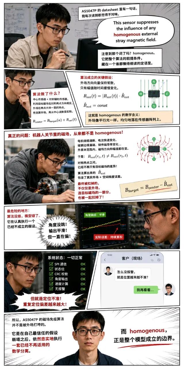 ams OSRAM AS5047P 标称可抑制 homogenous 外部杂散磁场，但机器人关节非均匀外场会导致角度平滑带偏