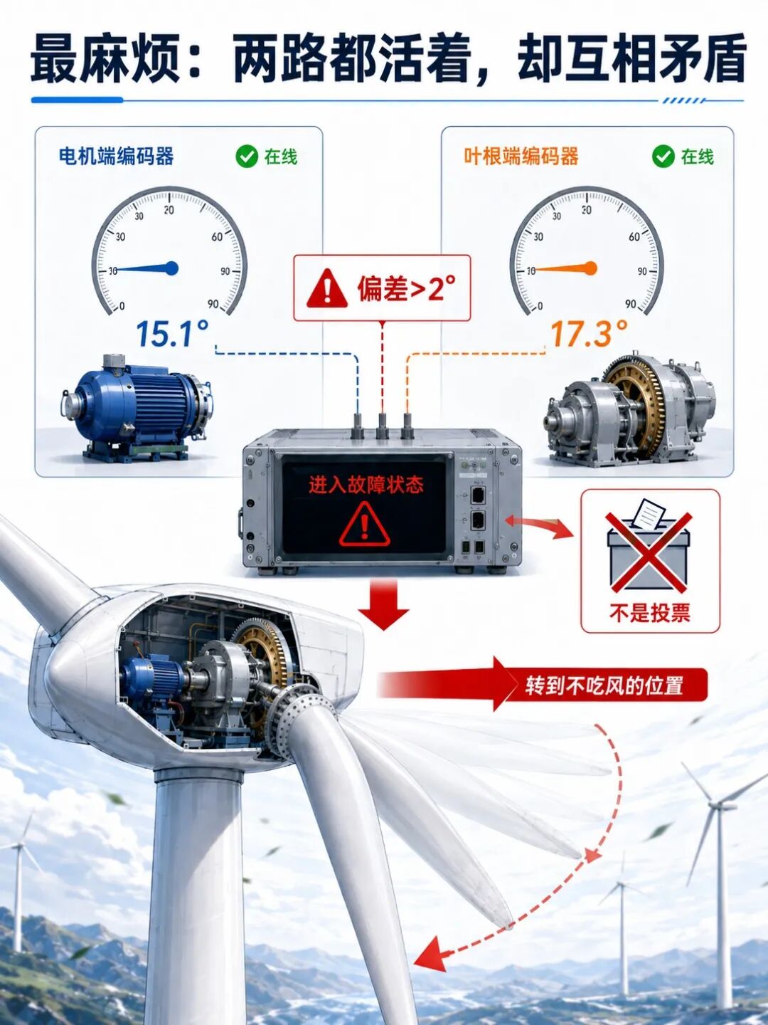 一片风机叶片为什么要装2颗编码器：2颗差了 2°，系统怎么安全停下来？